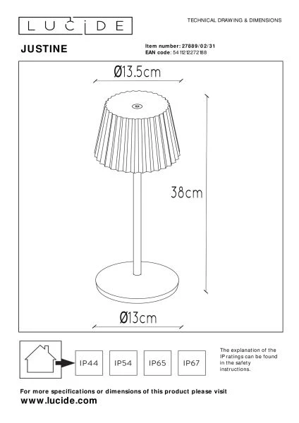 Lucide JUSTINE - Lampe de table Rechargeable Intérieur/Extérieur - Batterie/Piles - LED Dim. - 1x2W 2700K - IP54 - Avec station de charge sans fil - Blanc - technique